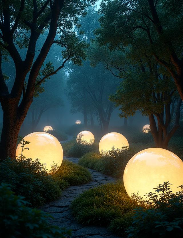 ホテルの庭園で木々の間を漂うように光る球体のアートインスタレーション